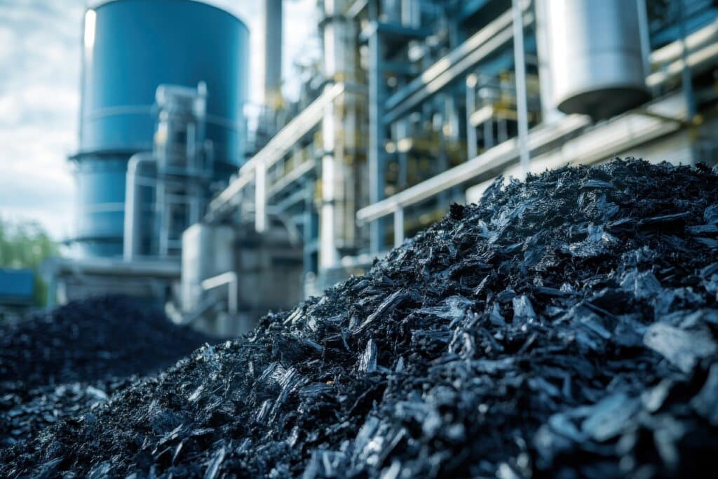 tas de biochar devant une usine