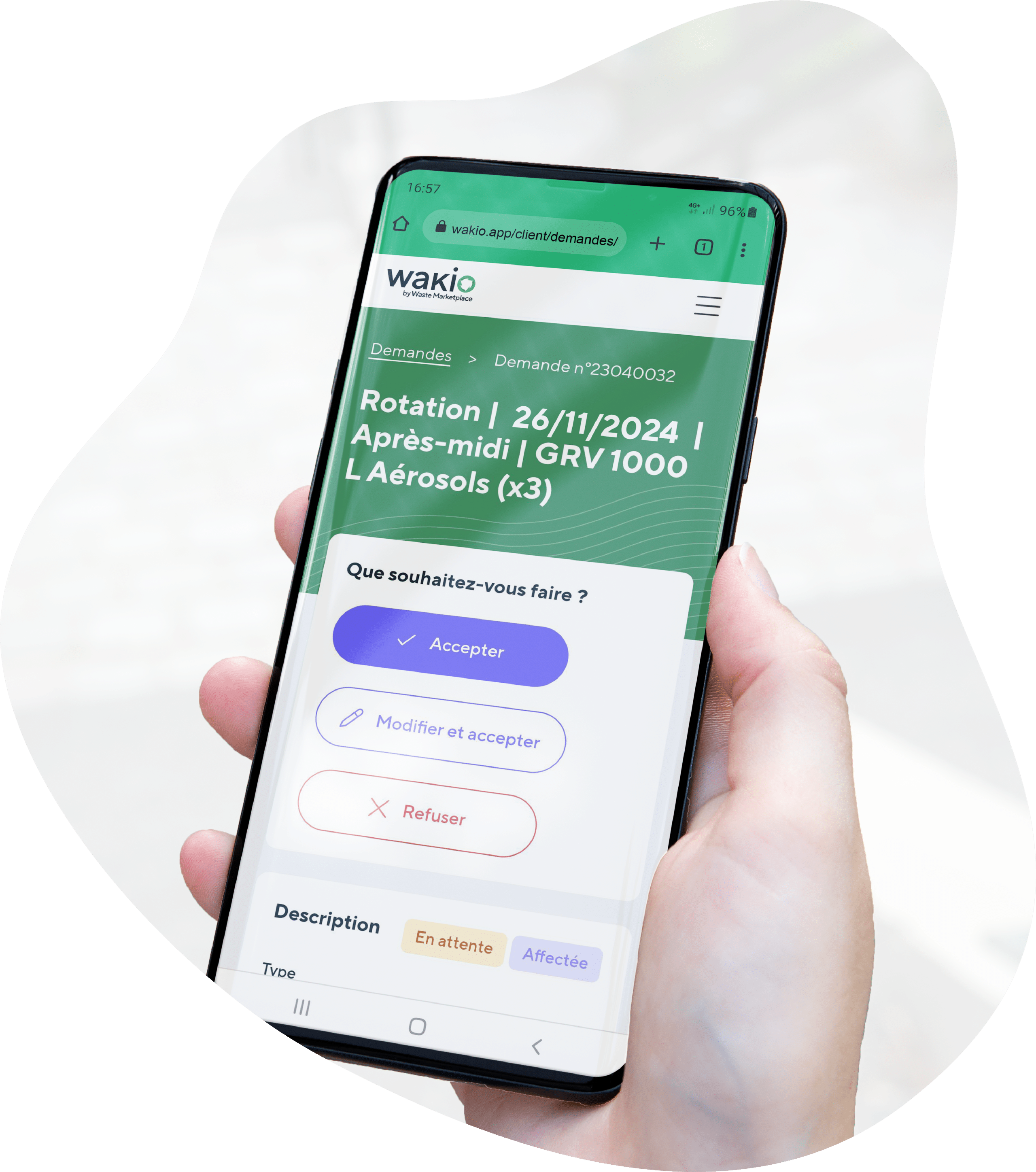 téléphone montrant la page de demande de rotation sur l'application Wakio