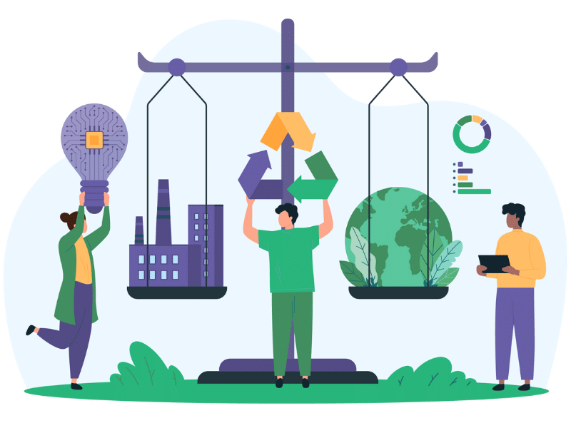 illustration de personnes à côté d'une balance pesant une usine et la terre avec un icône de recyclage