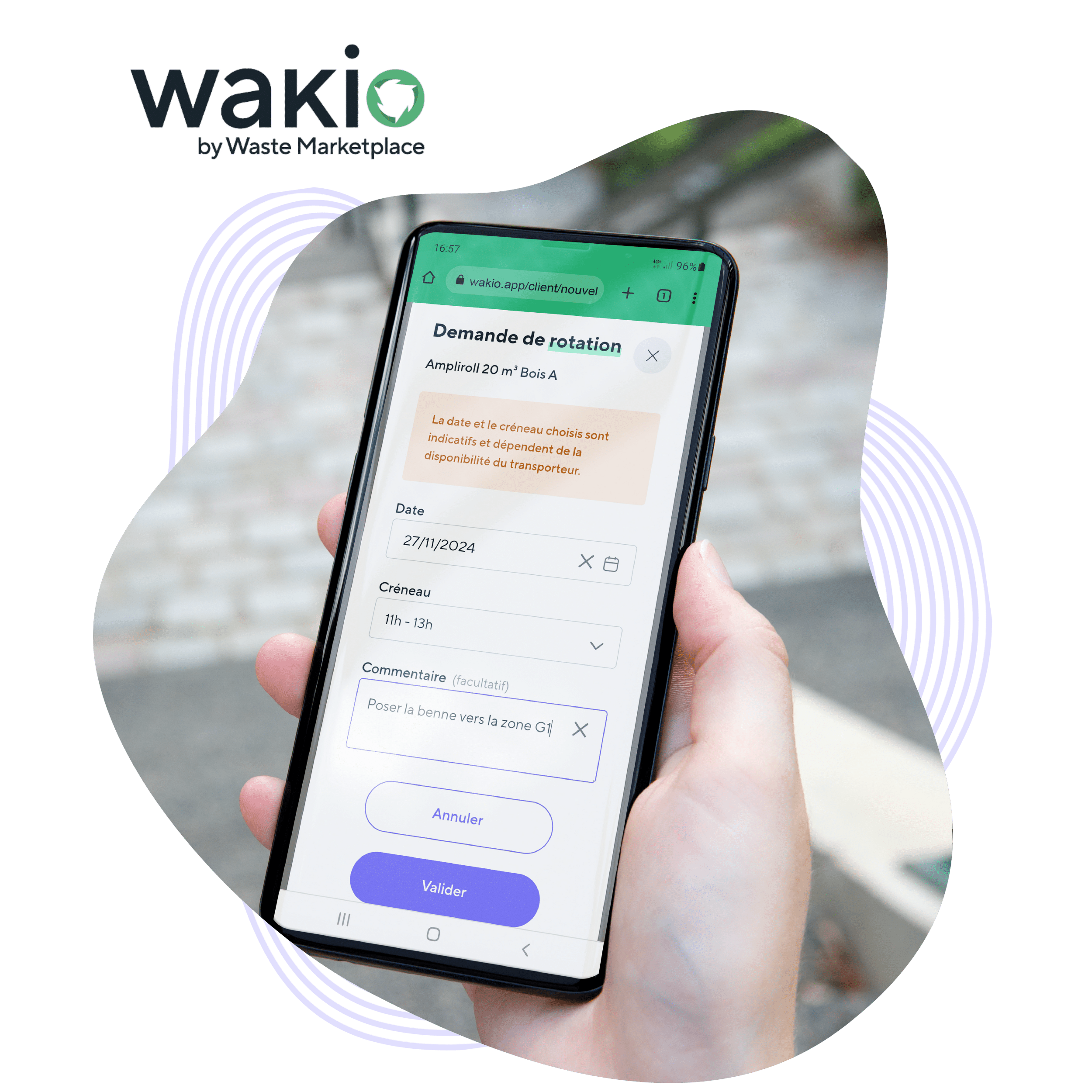 téléphone montrant la page de demande de rotation sur l'application Wakio