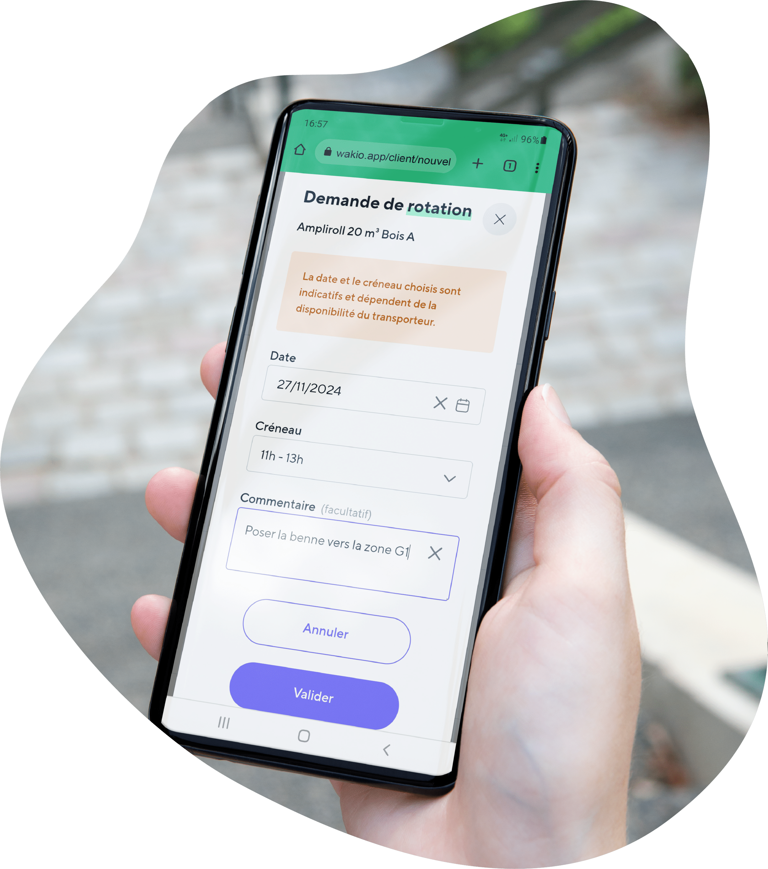 téléphone montrant la page de demande de rotation sur l'application Wakio
