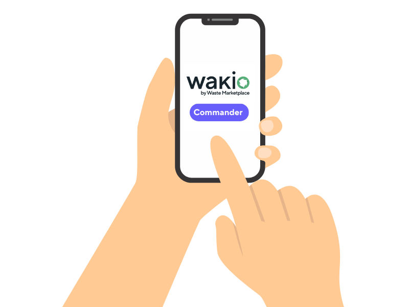 main tenant un téléphone avec marqué Wakio by Waste Marketplace et un bouton commander